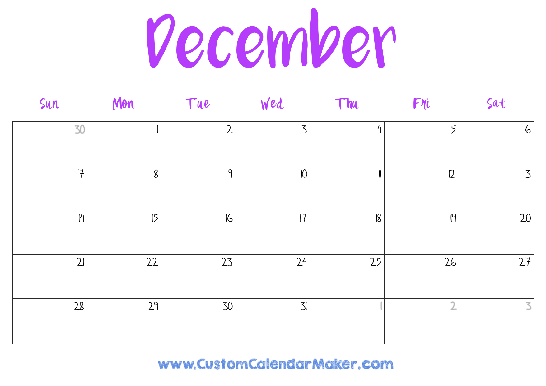 Blank Calendar For December 2025 Printable