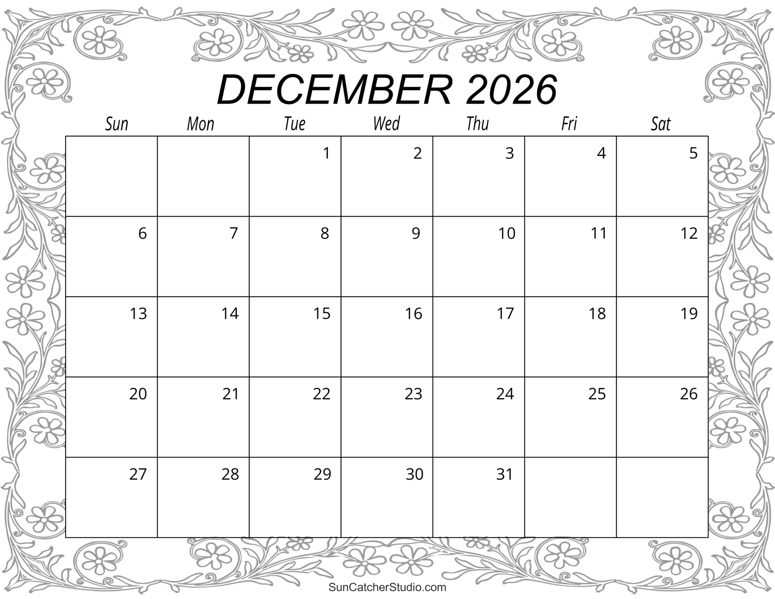 Free Printable Blank December 2026 Calendar