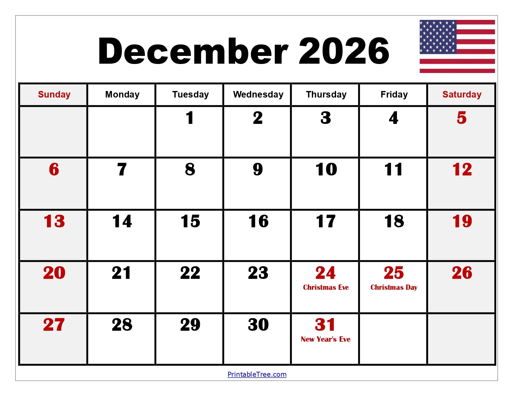 December Blank Calendar 2026 Printable Free