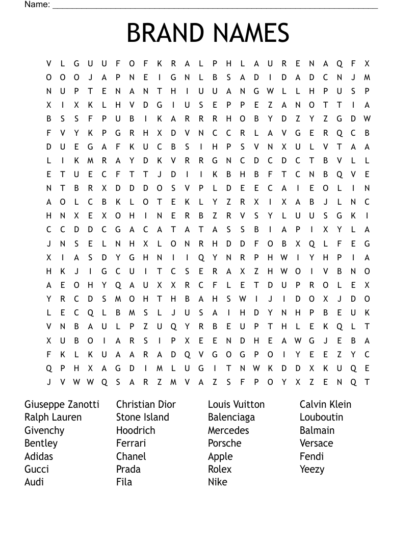Designer Brands For The Rich Word Search WordMint