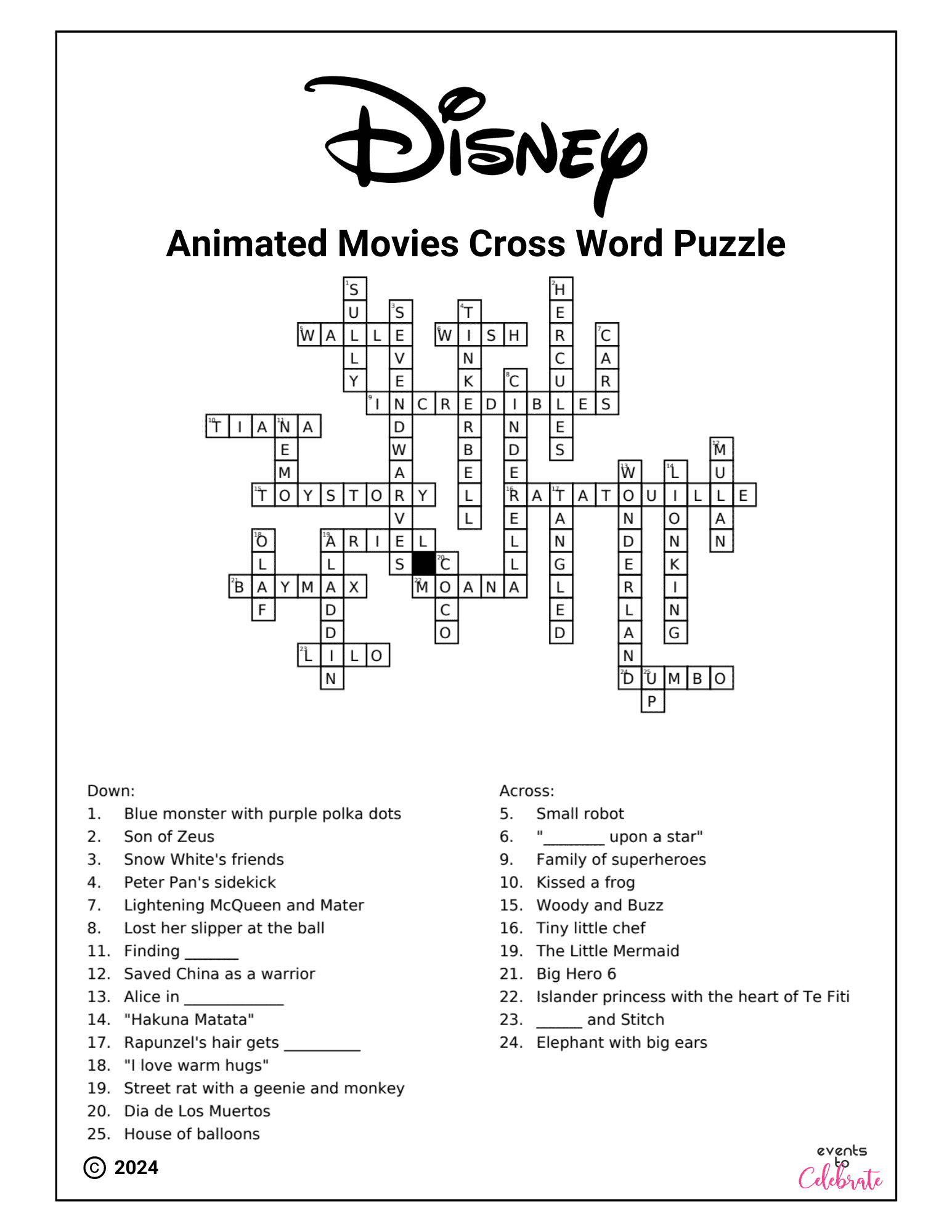 Movie Themed Crossword Puzzles Printable