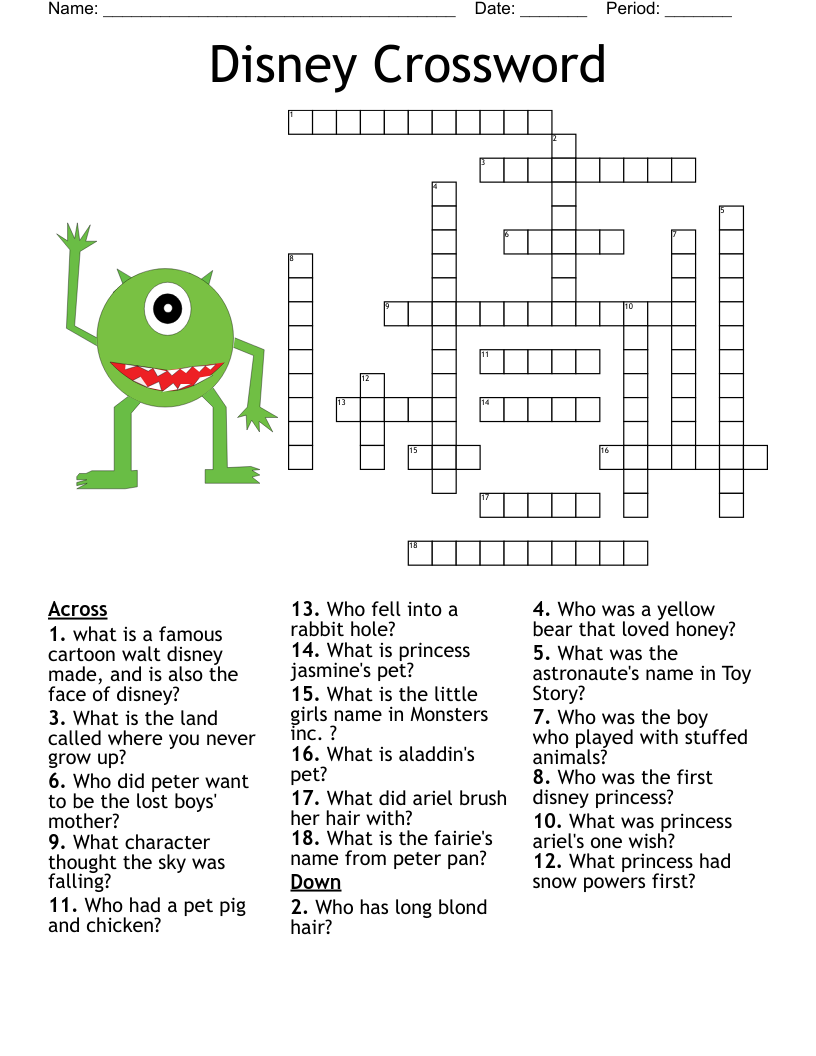 Disney Printable Crossword Puzzles