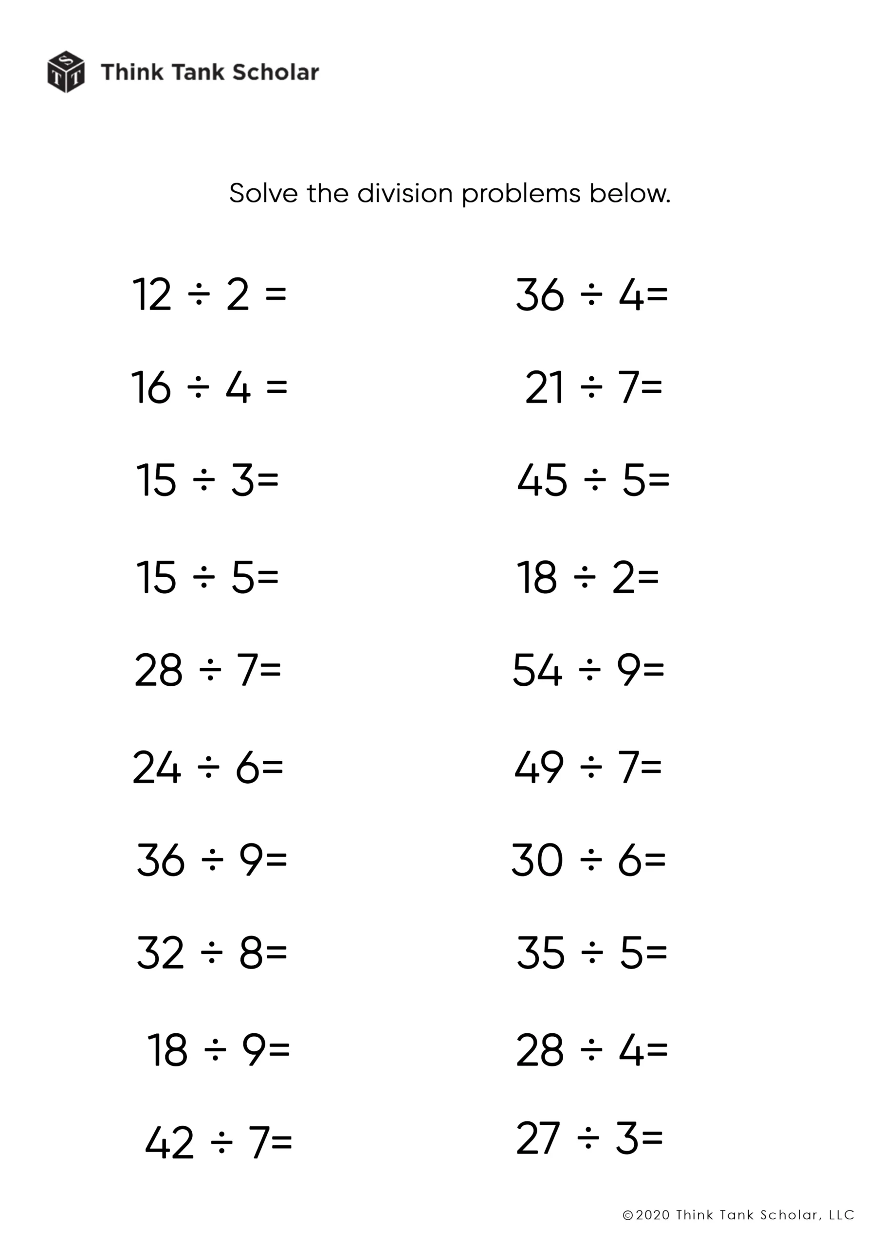 Division Worksheets Exercises Printable PDF FREE Think Tank 