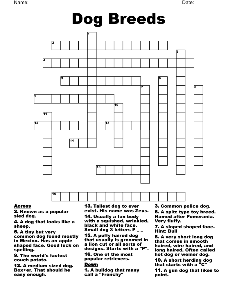 Printable Dog Crossword Puzzles