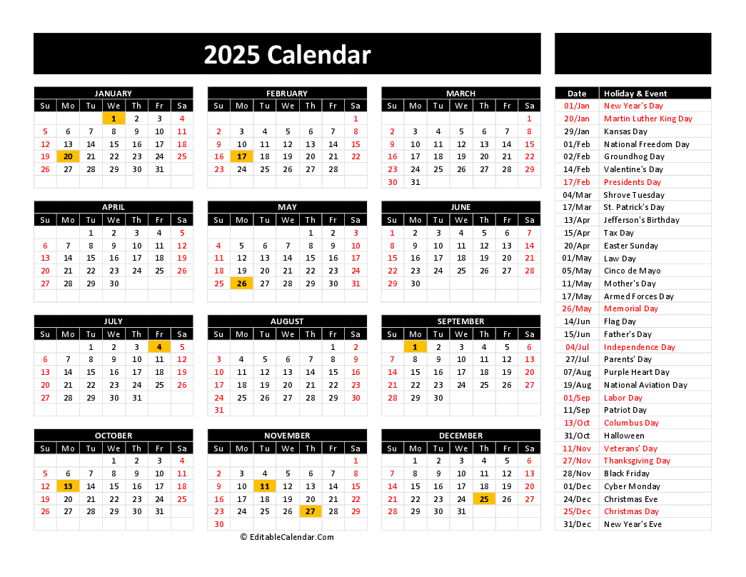 Year 2025 Calendar Printable With Holidays