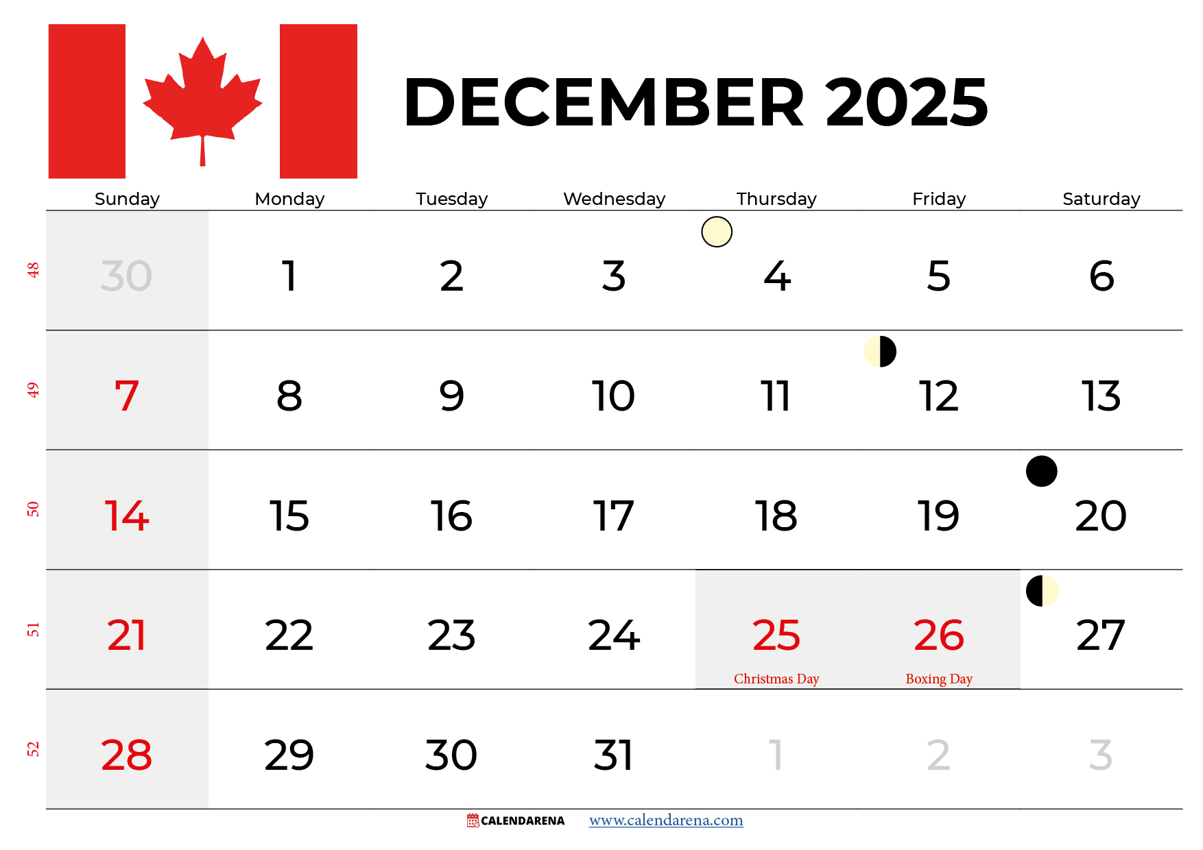 Download December 2025 Calendar Canada Printable