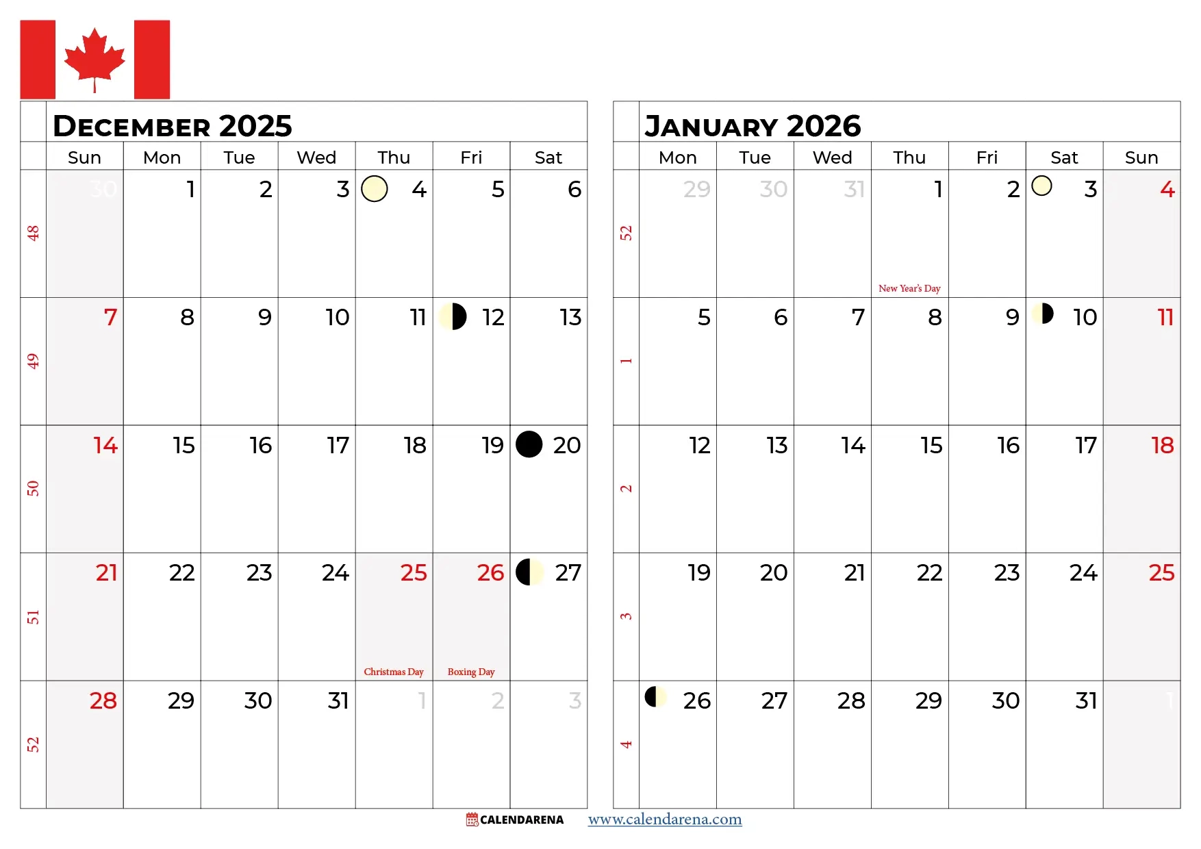 December 2025 Calendar Canada