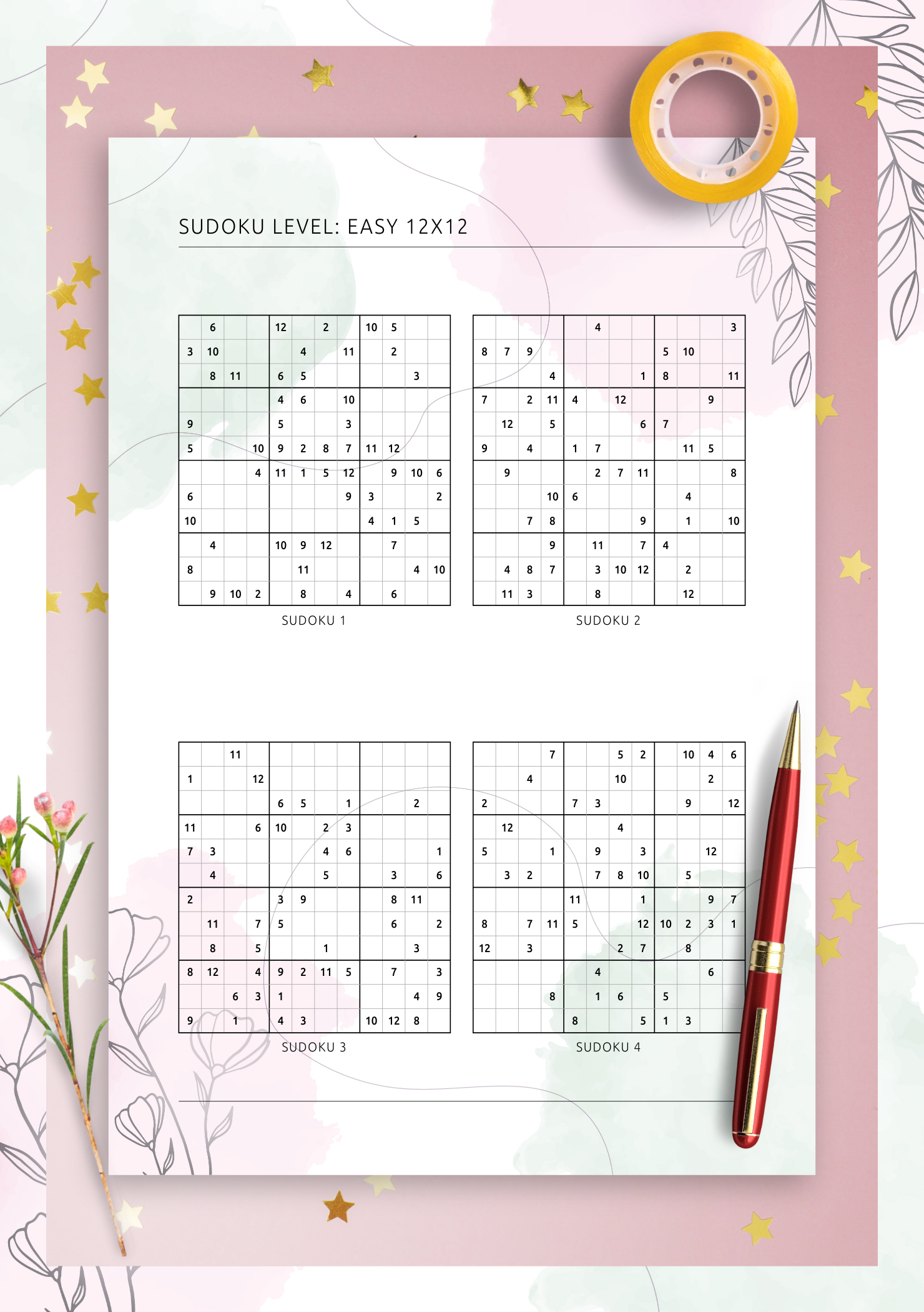 Download Printable 12x12 Easy Sudoku Vertical 4 On Page PDF