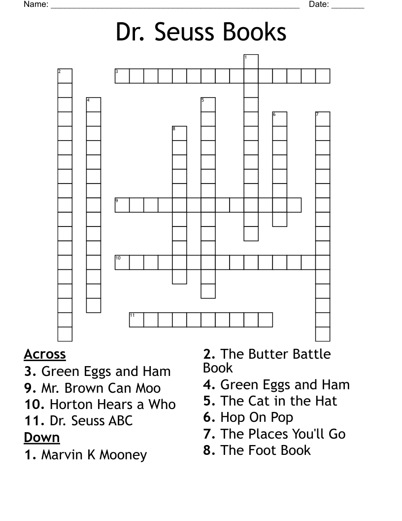 Dr Seuss Puzzles Printable  Crossword