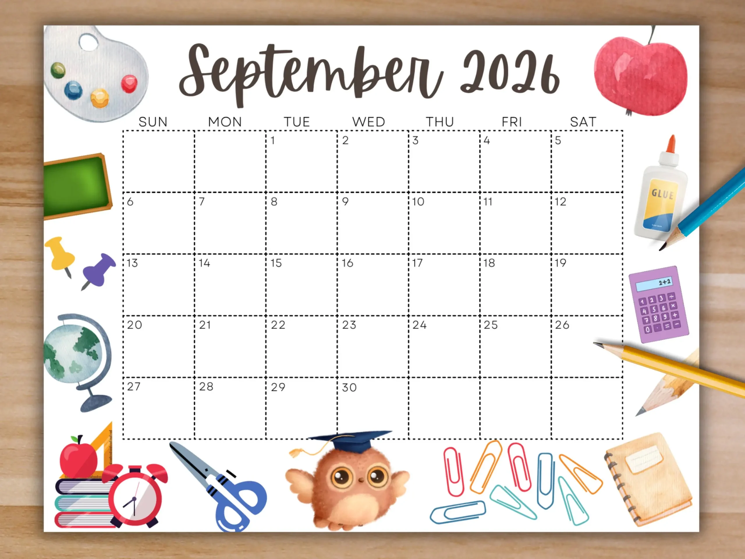Blank September 2026 Calendar For Kids