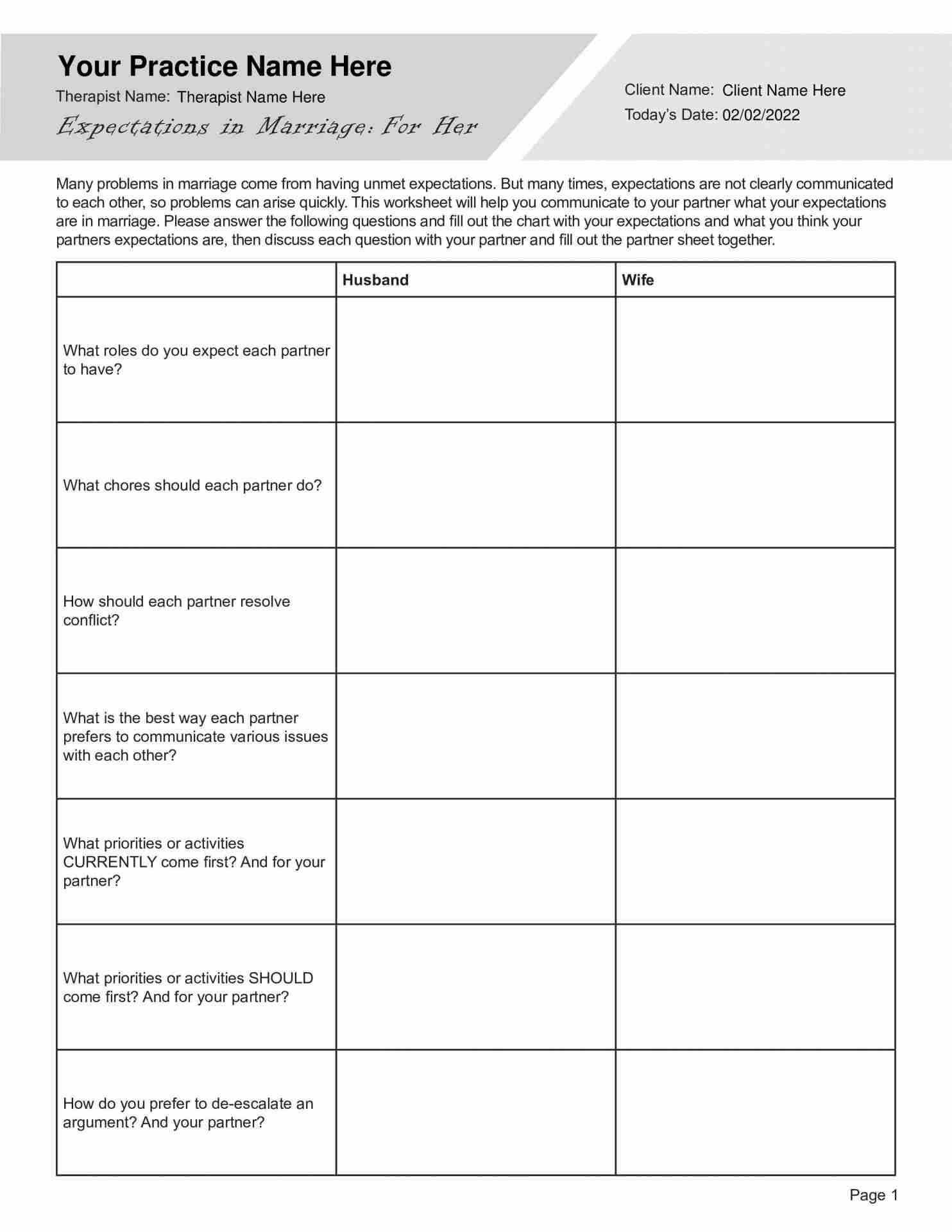 Printable Relationship Expectations Worksheet