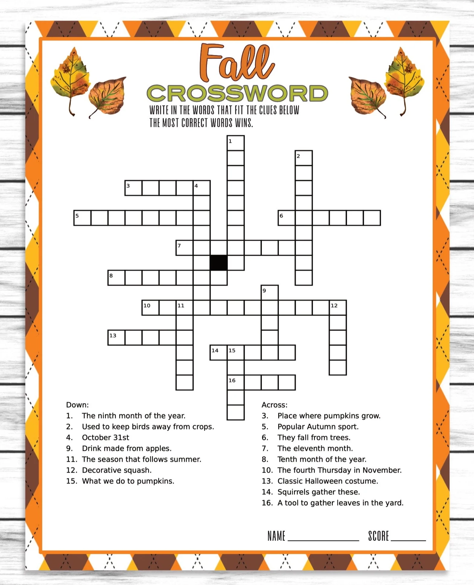 Printable November Crossword Puzzles