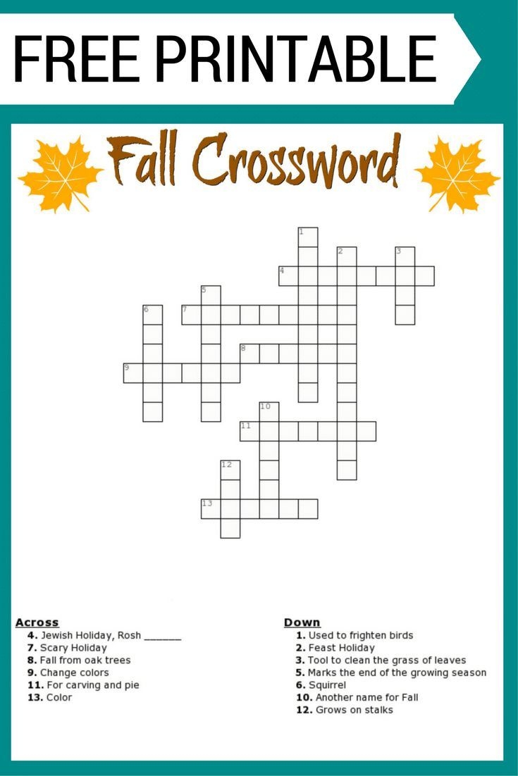 November Crossword Puzzles Kids Printable