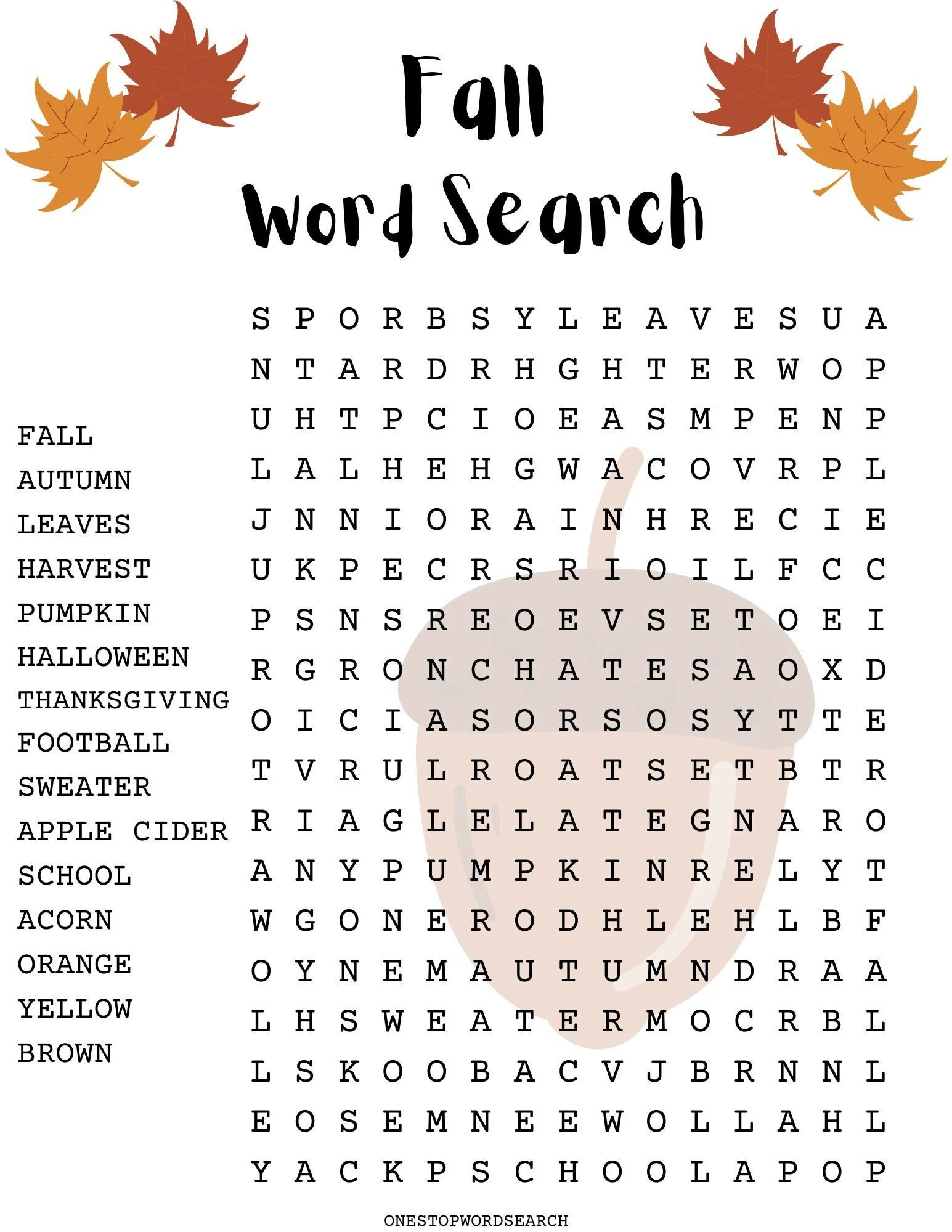 Fall Word Search Puzzle With Answer Sheet Autumn Word Search 