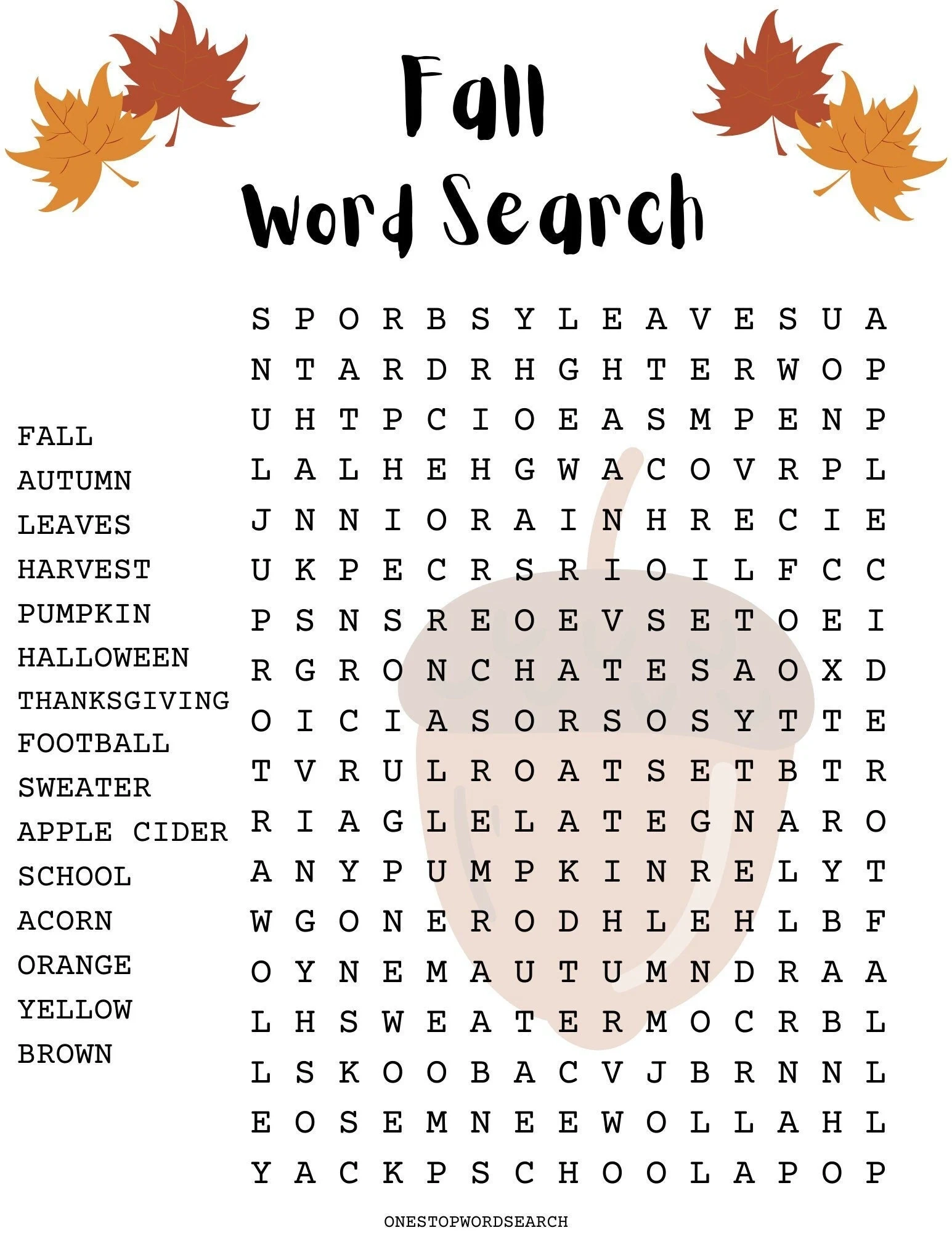 Fall Word Search Puzzle With Answer Sheet Autumn Word Search 