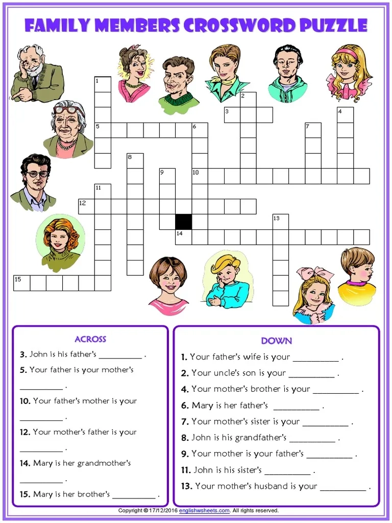 Family Members Vocabulary Esl Crossword Puzzle Worksheet For Kids 