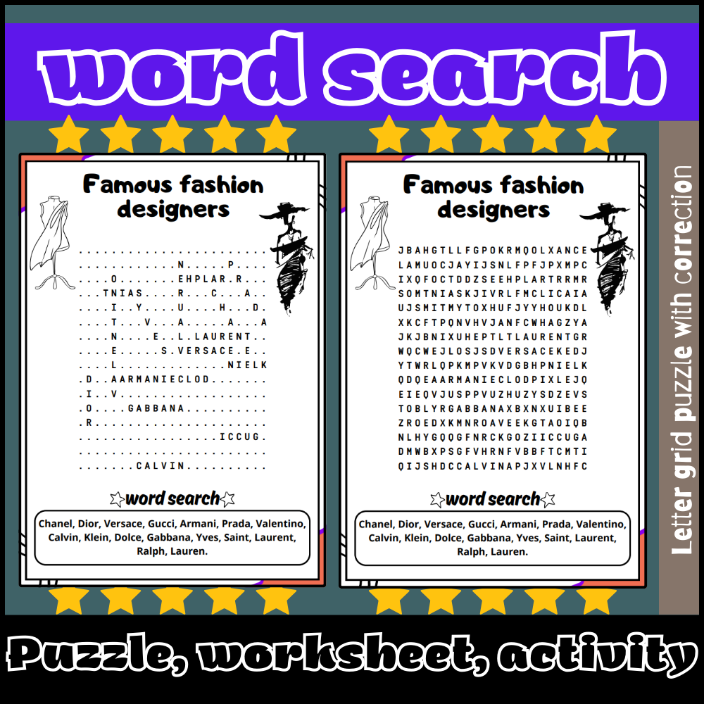Famous Fashion Designers Word Search Puzzle Worksheet Activity Made By Teachers