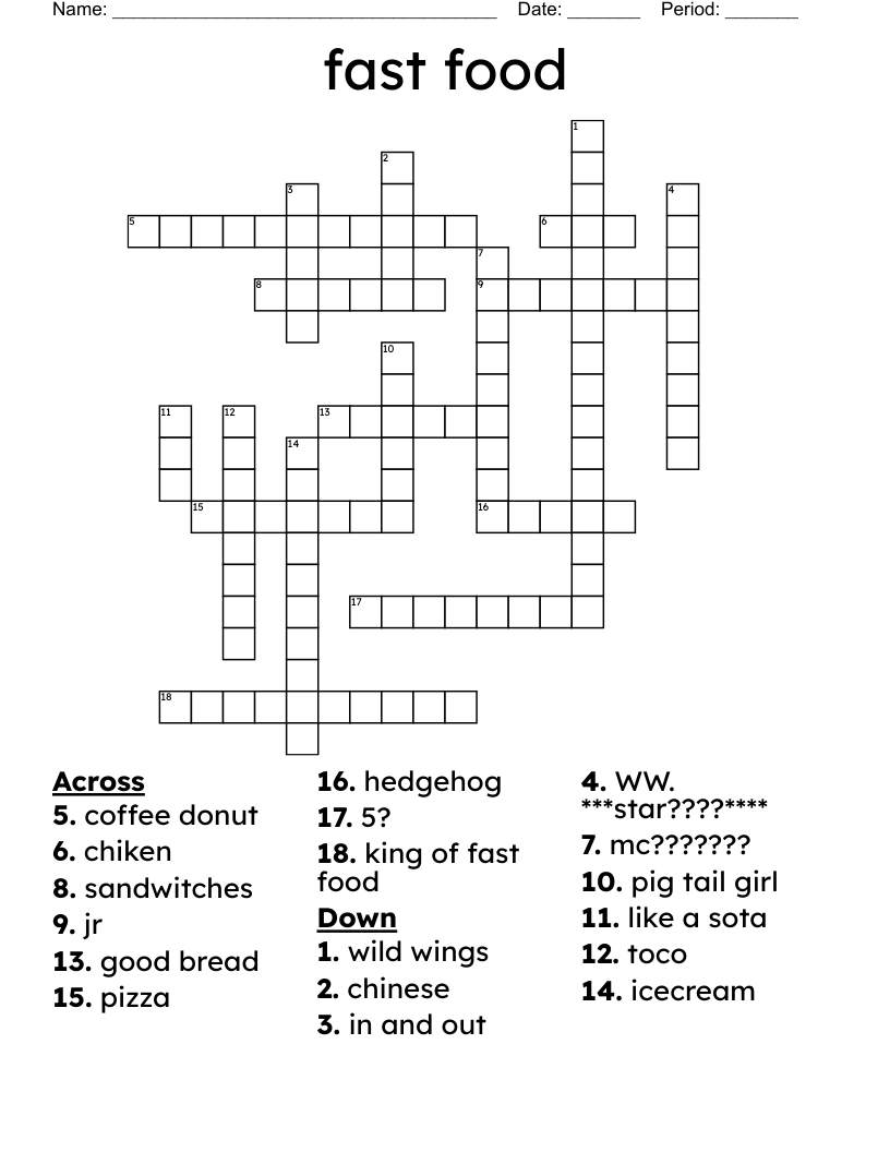 Printable Food Crossword Puzzles