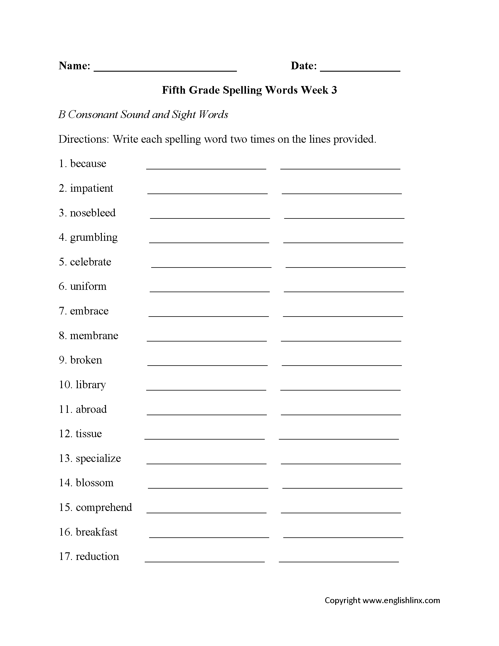 Fifth Grade Spelling Worksheets Printable Word Lists amp Weekly 