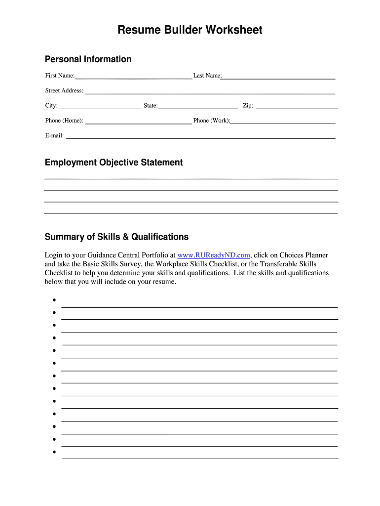 Fillable Online Nd Resume Worksheet Fax Email Print PdfFiller