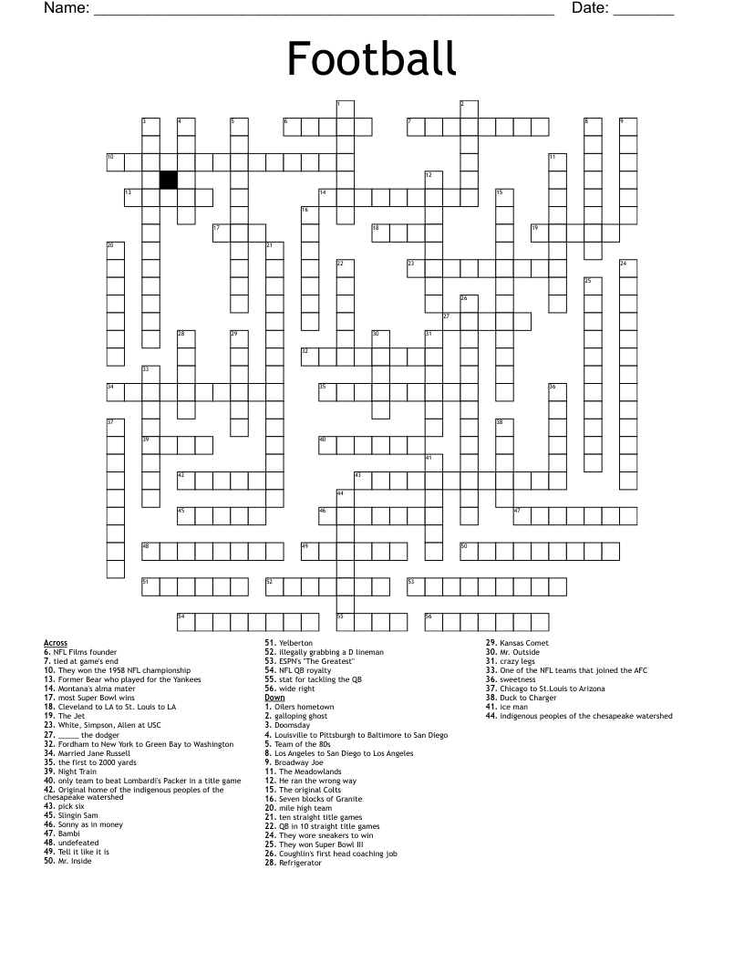 Football Crossword Puzzles Printable