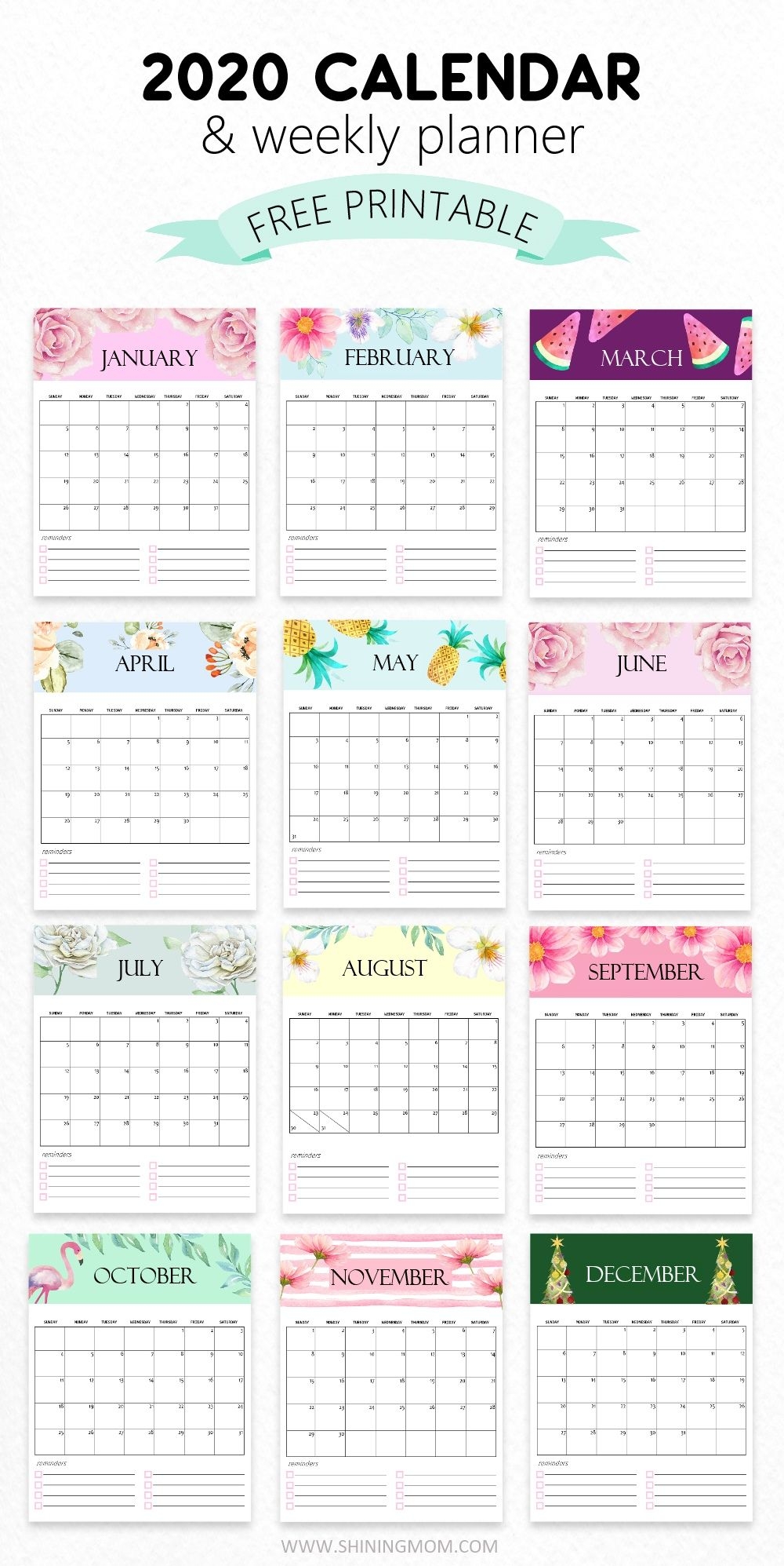 FREE 2020 Printable Calendar 12 Cute Monthly Designs To Love 