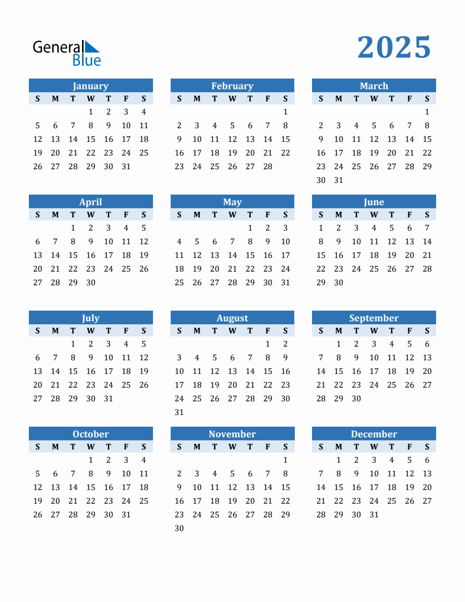 2025 Printable Yearly Calendar