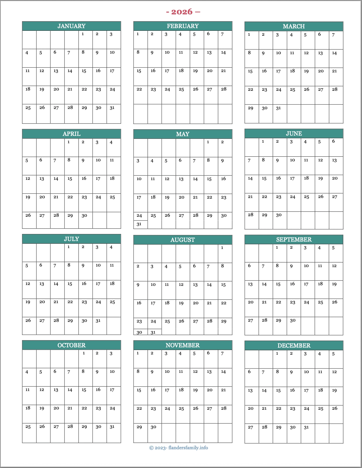Printable Calendars 2026 Free Pdf