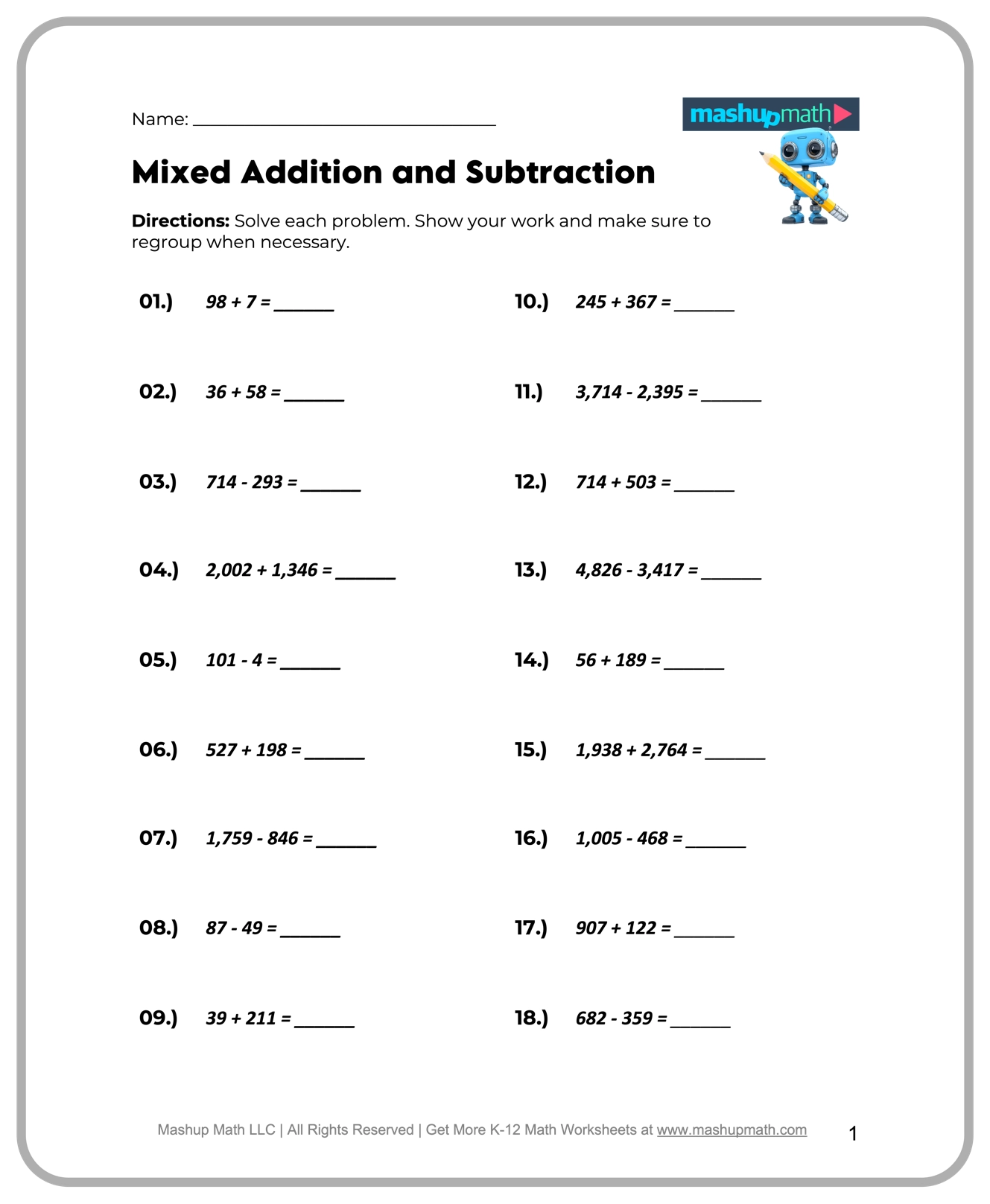 Free 4th Grade Math Worksheets Printable Mashup Math