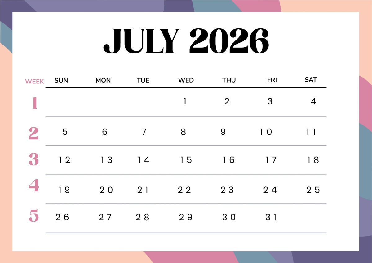 Blank Calendar Printable July 2026 Editable