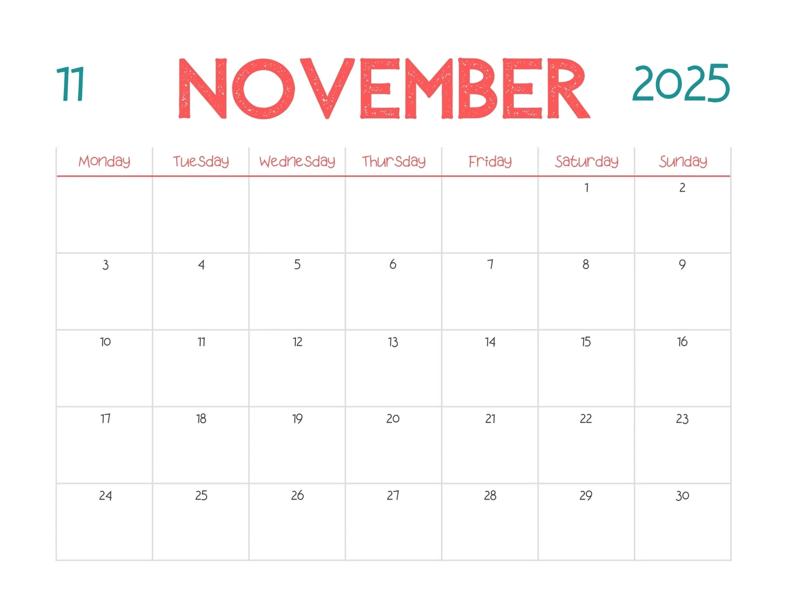 Printable Blank Nov 2025 Calendar