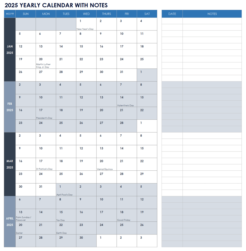 Printable Blank Yearly Calendar 2025