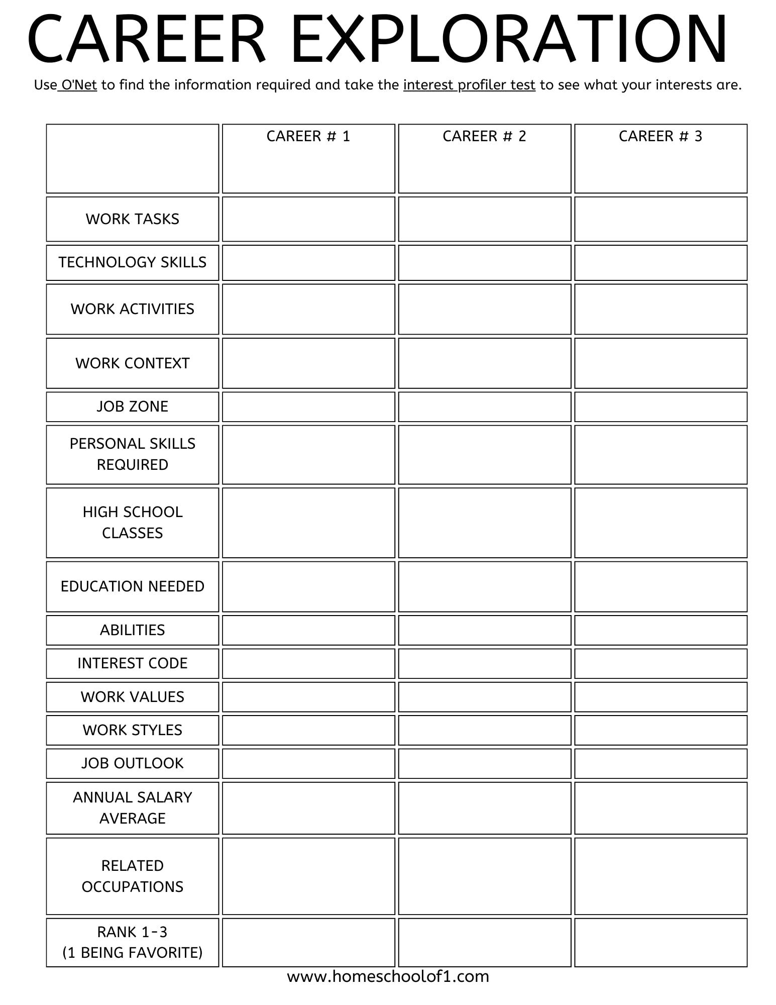 Free Career Exploration Worksheet And Career Options For Teens 