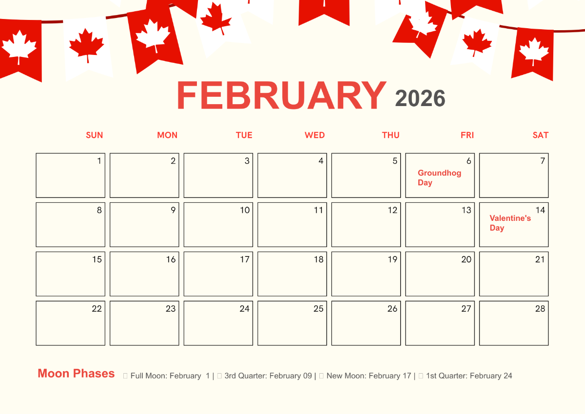 Free February 2026 Canada Calendar Template To Edit Online