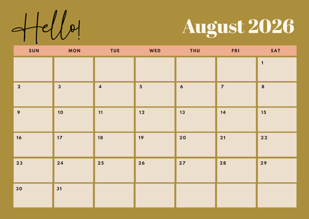 Blank Calendar August 2026 Editable