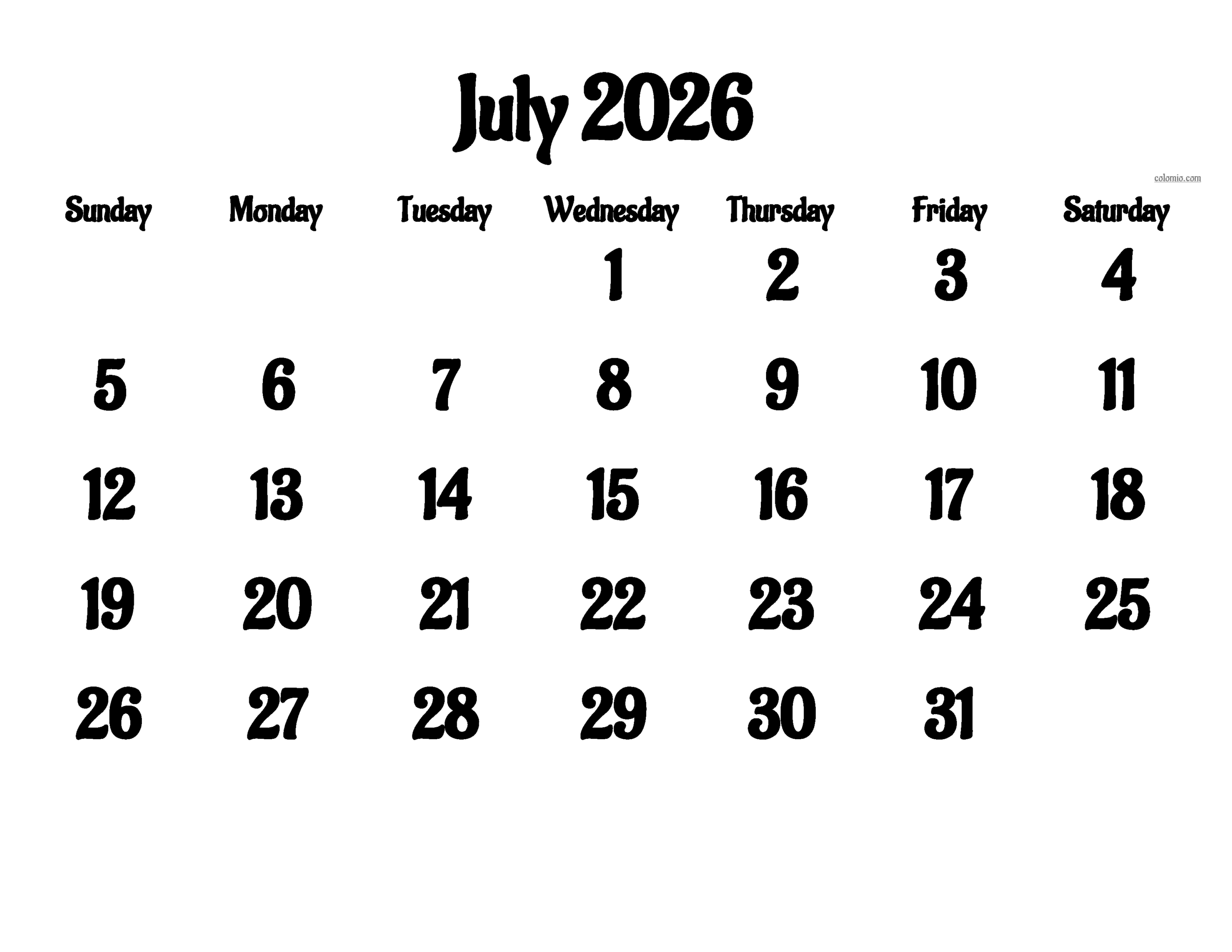 Blank July Calendar 2026 Landscape