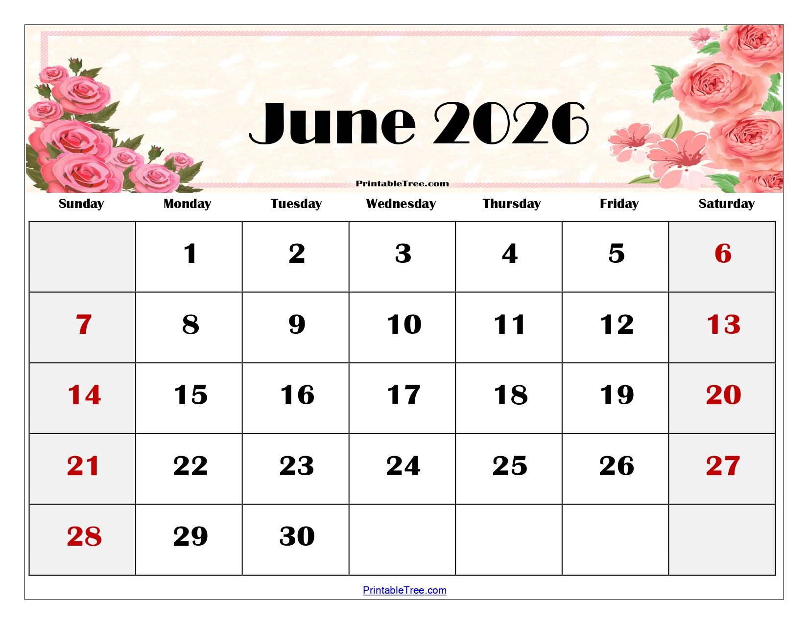 June 2026 Calendar Page