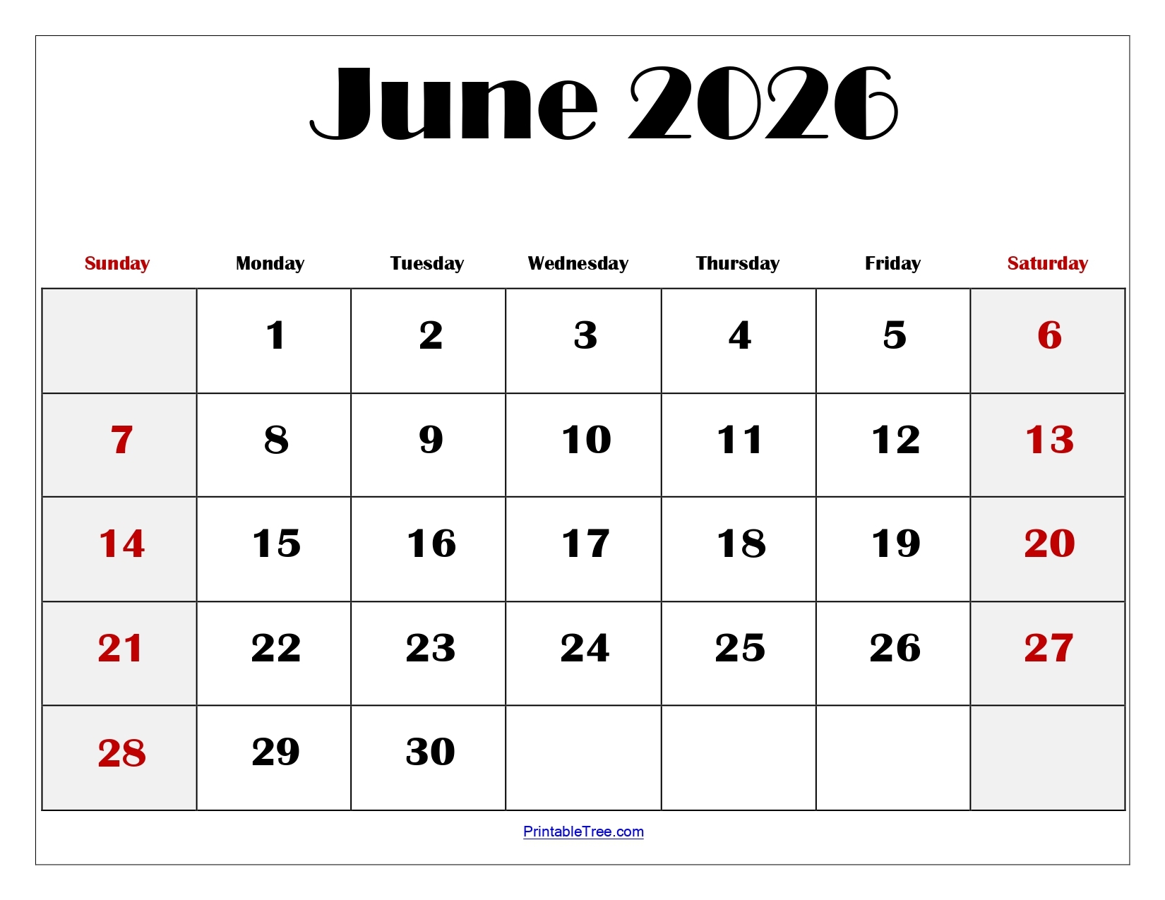 June 2026 Blank Calendar Pages