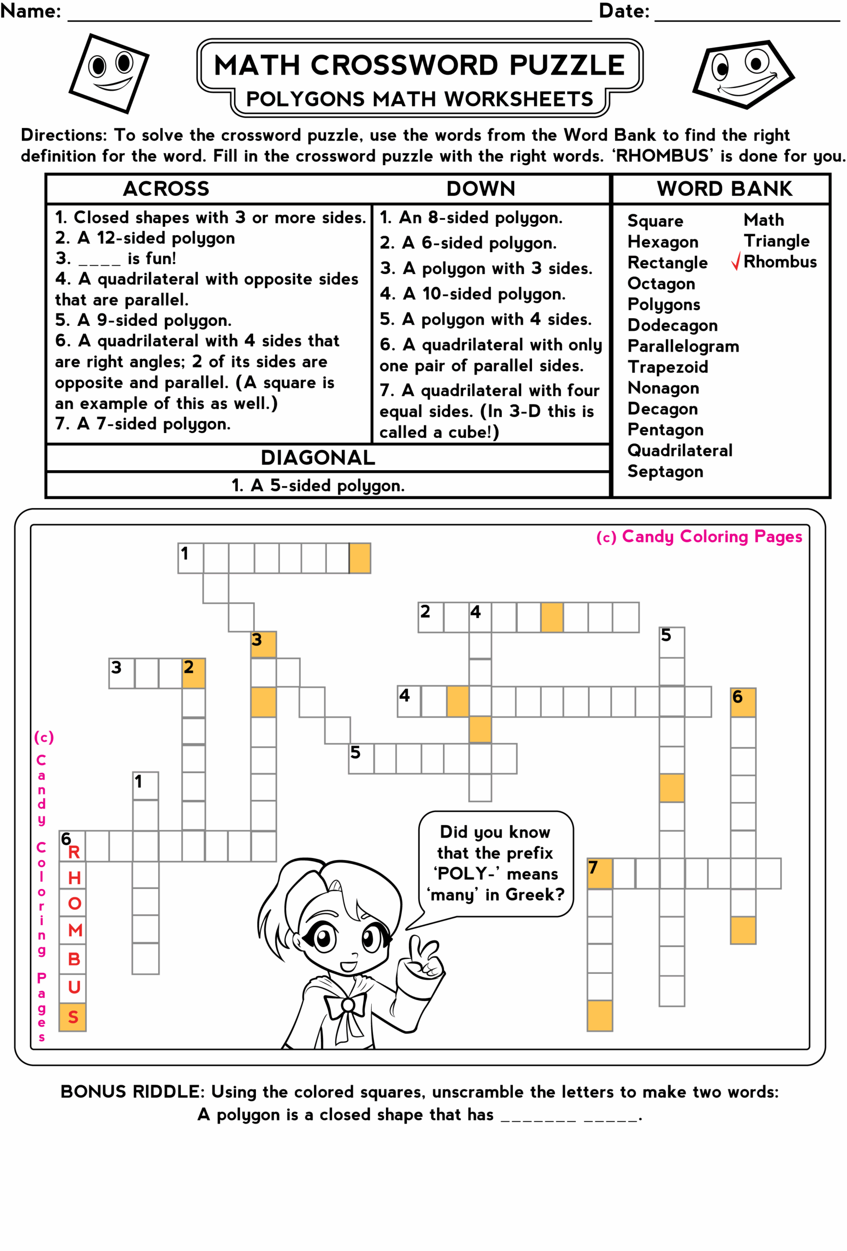 Free Math Games And Math Worksheets Free Crossword Puzzles 