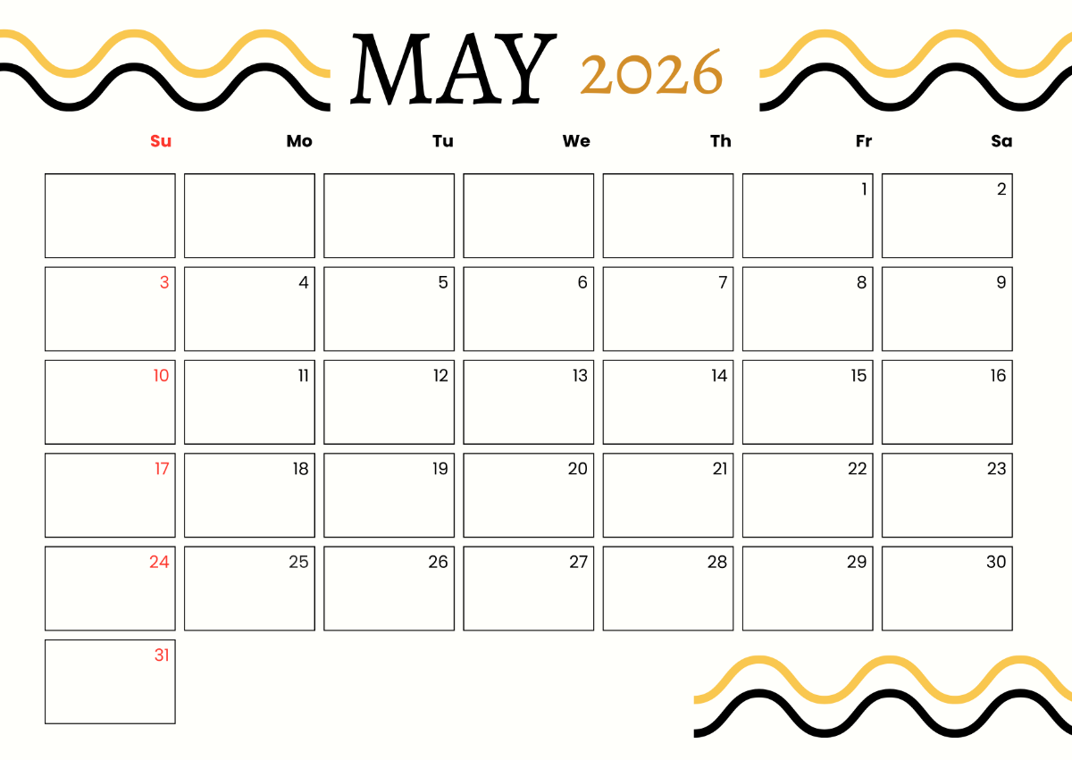 Blank May 2026 Calendar Editable