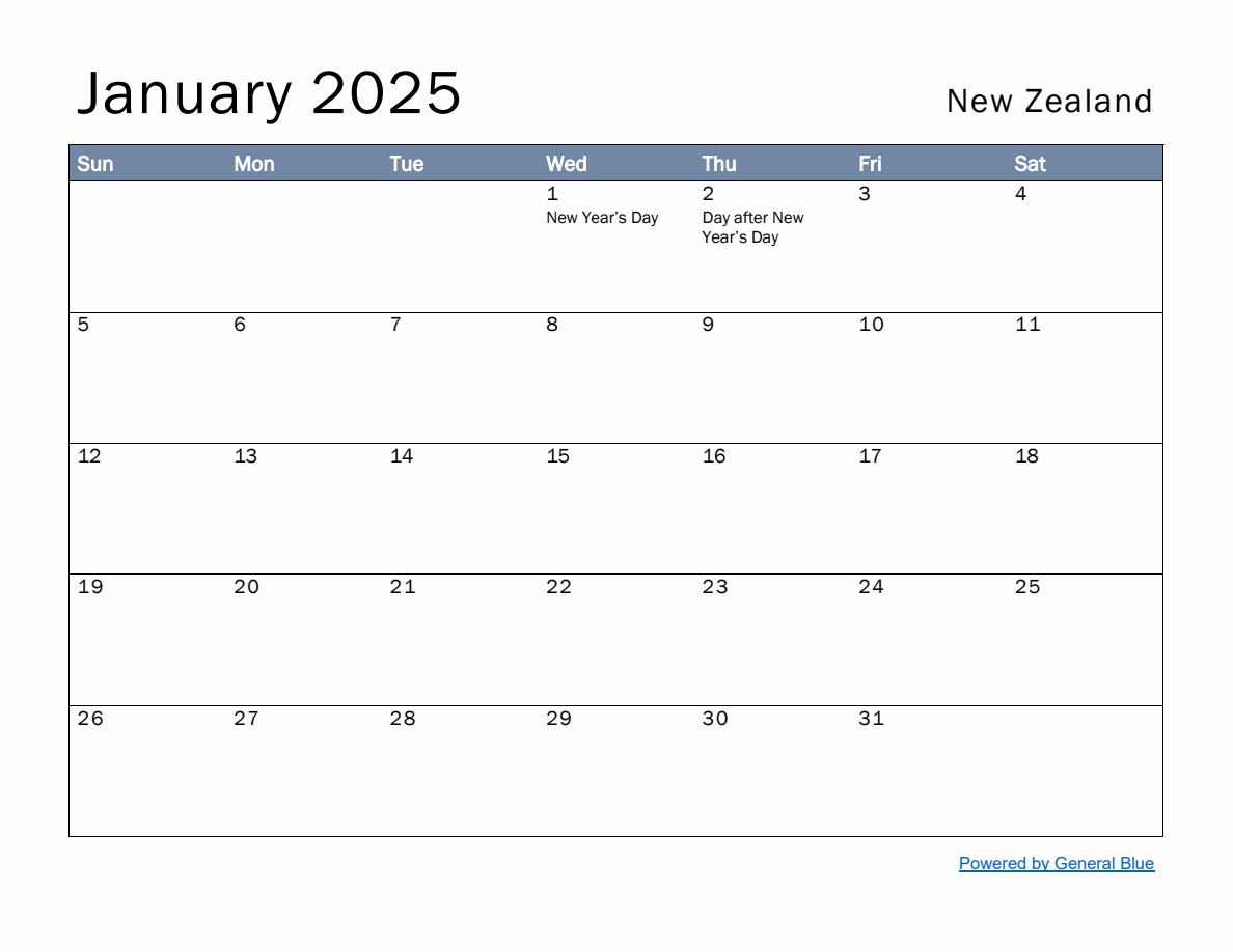 Free Monthly Calendar Template For January 2025 With New Zealand Holidays