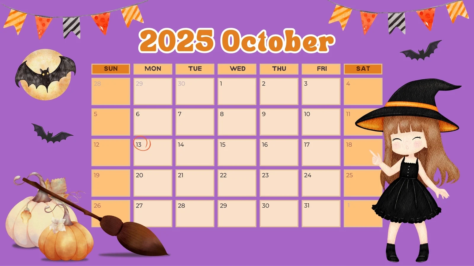 Blank October 2025 Calendar Cute