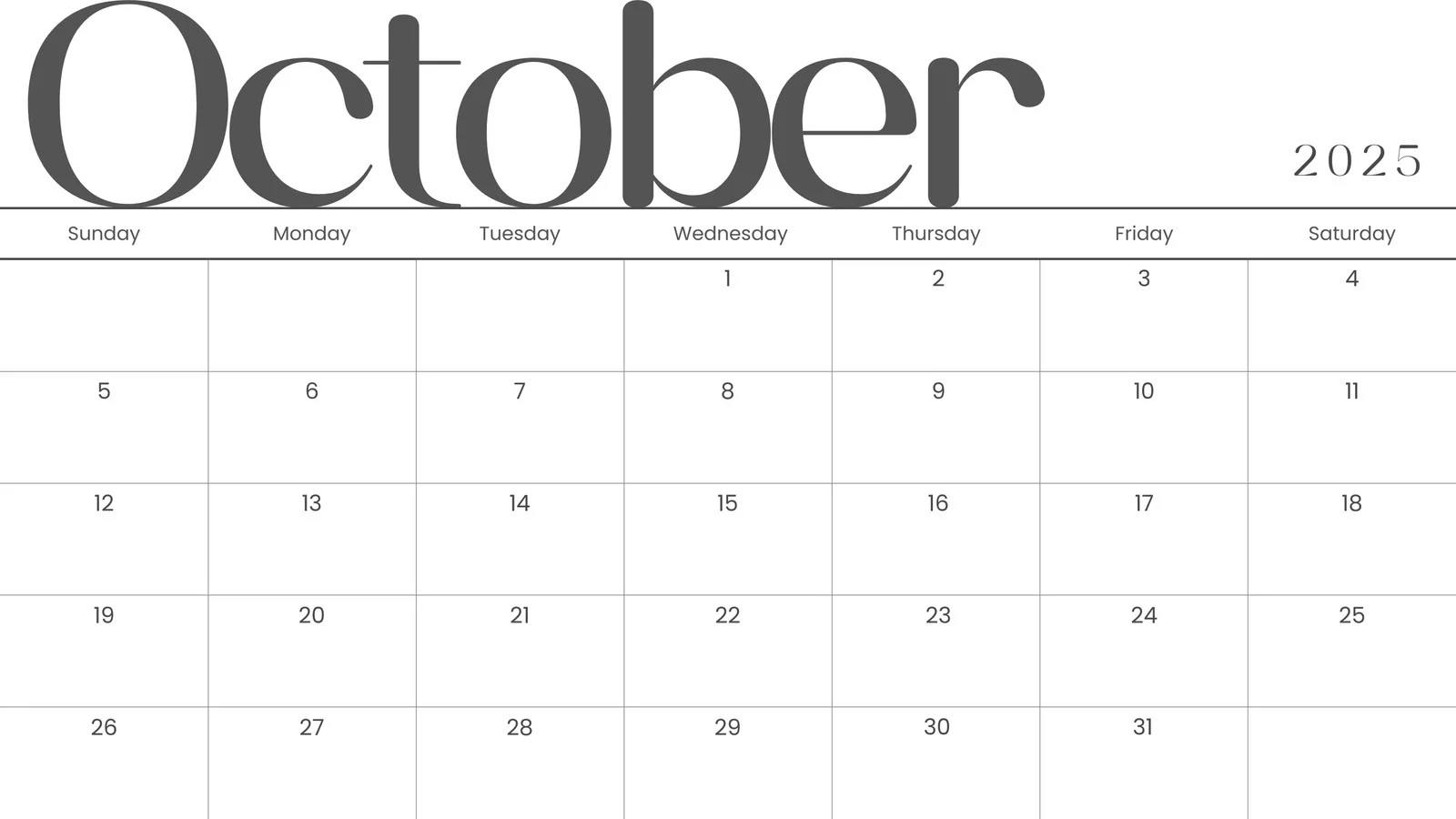 Blank Calendar For October 2025 Printable