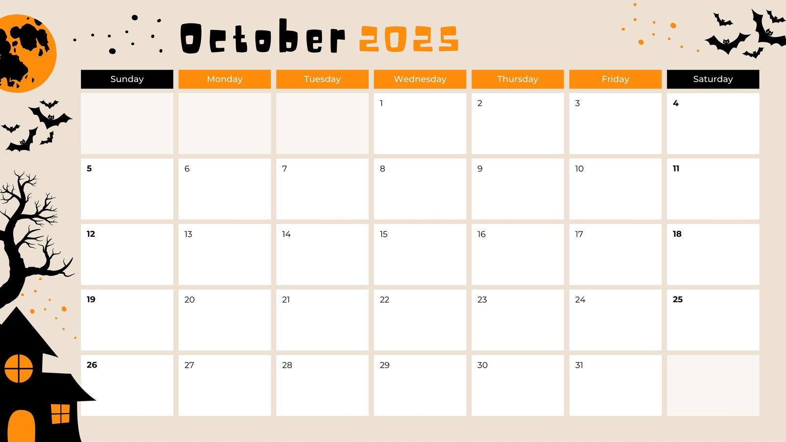 October Blank Calendar 2025 Printable Free