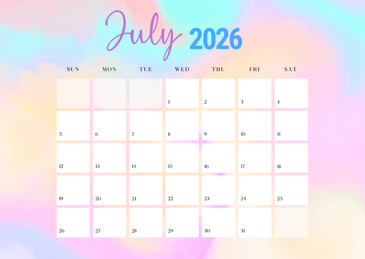 July Blank Calendar 2026 Editable