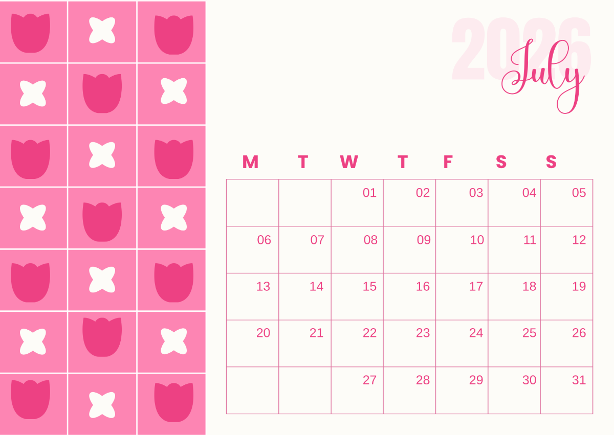 Free Pink Floral July 2026 Calendar Template To Edit Online