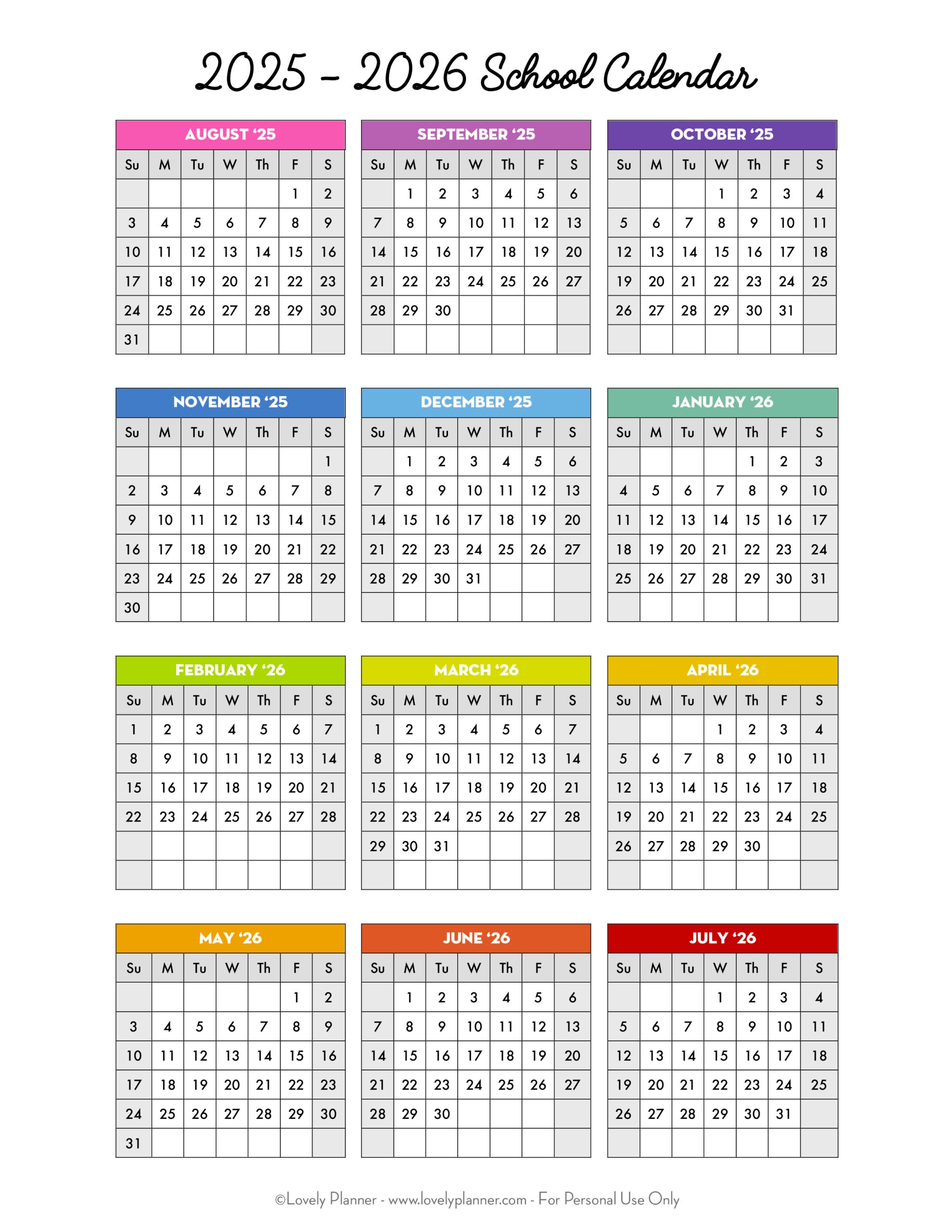 Free Printable 2025 2026 School Calendar One Page Academic Calendar Lovely Planner