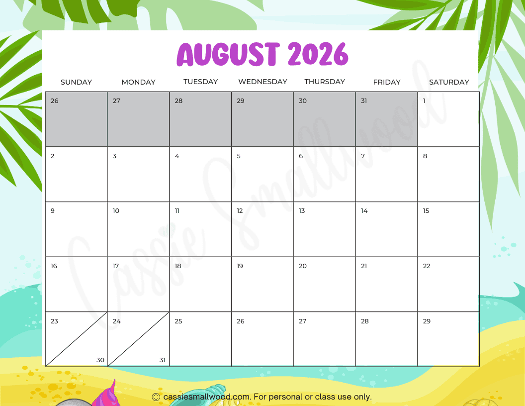 2026 Printable Calendar By Month August