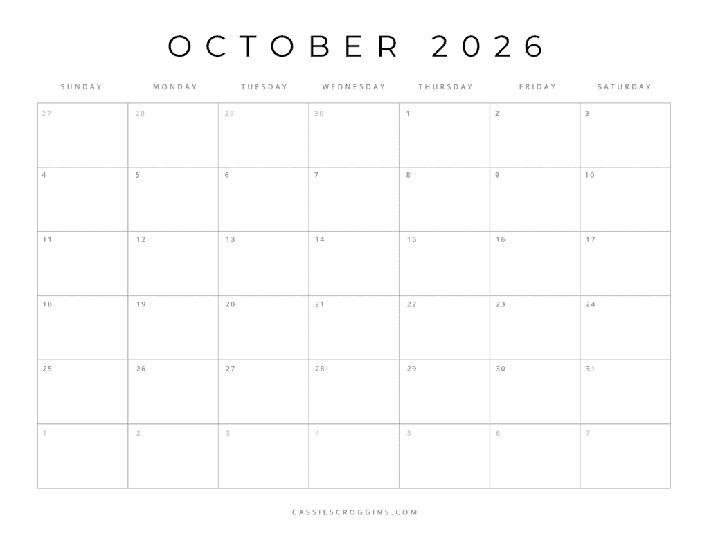October Blank Calendar 2026 Printable Free
