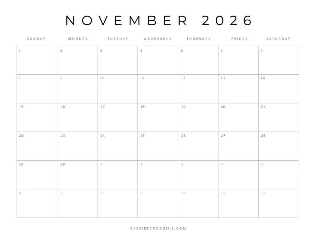 November Blank Calendar 2026 Printable Free